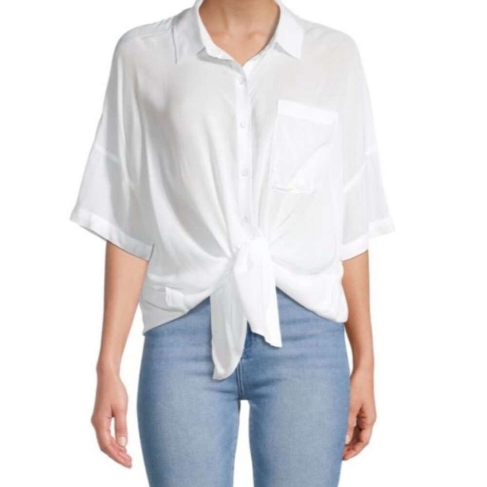 Splendid Tie Front Button Down Shirt with Front Pocket- M- White